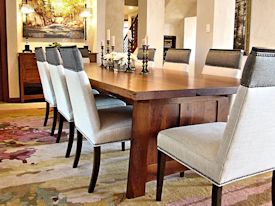 Custom face grain mesquite mission style dining table with through mortise and tenon jointery.