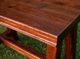 Custom distressed walnut a-frame trestle style bathroom vanity table.