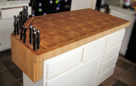 Hard Maple Wood Island Countertop with Integrated Knife Block