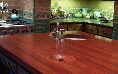 Jatoba Wood Island Countertop with Integrated Trash Hole and Hand Carved Trash Lid