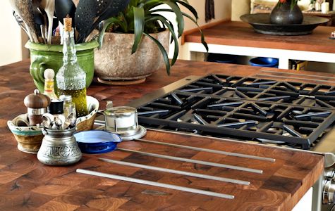 Mesquite Parquet-Style Wood Island Countertop with Integrated Stainless Steel Trivet