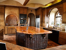 Spalted Pecan book matched slab wood island top with Natural Edges and an integrated Spalted Pecan Sink.  Waterlox Satin finish.