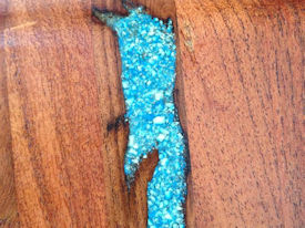 Rustic Walnut face grain countertop with Turquoise Fills and Waterlox Satin finish.