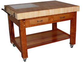 Custom Mesquite chef''s table (36x48x36) with mortise and tenon jointery and an end grain 4 inch thick Hard Maple chopping block.  Contains Pecan drawer fronts, african mahogany shelf and an 18x18 granite insert.  