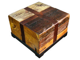 Custom Cube Tables.  Constructed using Reclaimed Longleaf Pine on a flat black metal base with leather straps.