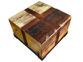 Custom Cube Tables.  Constructed using Reclaimed Longleaf Pine on a flat black metal base with leather straps.