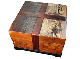 Custom Cube Tables.  Constructed using Reclaimed Longleaf Pine on a flat black metal base with leather straps.