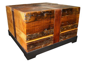 Custom Cube Tables.  Constructed using Reclaimed Longleaf Pine on a flat black metal base with leather straps.