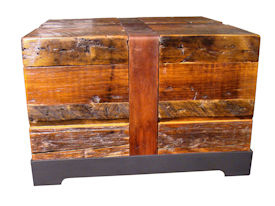 Custom Cube Tables.  Constructed using Reclaimed Longleaf Pine on a flat black metal base with leather straps.