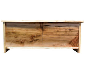 Custom Entertainment Center made from Ambrosia Maple Slabs.  Natural Edges on Face.  Mortise and Tenon Jointery.  Maple Butterfly Detailing.  Adjustable Shelves.  Cord Cutouts.  Tung Oil Citrus Finish.