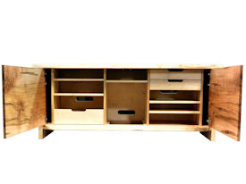 Custom Entertainment Center made from Ambrosia Maple Slabs.  Natural Edges on Face.  Mortise and Tenon Jointery.  Maple Butterfly Detailing.  Adjustable Shelves.  Cord Cutouts.  Tung Oil Citrus Finish.