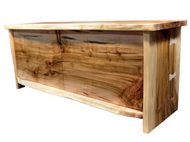 Custom Entertainment Center made from Ambrosia Maple Slabs.  Natural Edges on Face.  Mortise and Tenon Jointery.  Maple Butterfly Detailing.  Adjustable Shelves.  Cord Cutouts.  Tung Oil Citrus Finish.