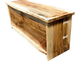 Custom Entertainment Center made from Ambrosia Maple Slabs.  Natural Edges on Face.  Mortise and Tenon Jointery.  Maple Butterfly Detailing.  Adjustable Shelves.  Cord Cutouts.  Tung Oil Citrus Finish.