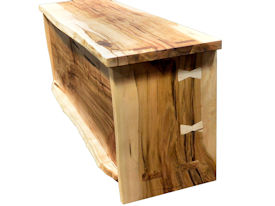 Custom Entertainment Center made from Ambrosia Maple Slabs.  Natural Edges on Face.  Mortise and Tenon Jointery.  Maple Butterfly Detailing.  Adjustable Shelves.  Cord Cutouts.  Tung Oil Citrus Finish.