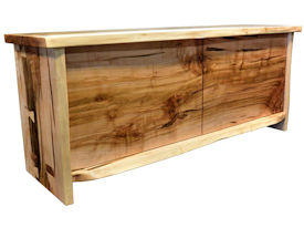 Custom Entertainment Center made from Ambrosia Maple Slabs.  Natural Edges on Face.  Mortise and Tenon Jointery.  Maple Butterfly Detailing.  Adjustable Shelves.  Cord Cutouts.  Tung Oil Citrus Finish.