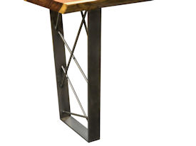 Custom bar table using a Guanacaste Slab Top with Natural Edges and a Waterlox Satin finish.  Custom polished cold rolled steel table base with clear lacquer finish.