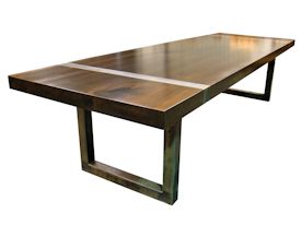 Custom dining table using book-matched walnut slabs with a drop edge for the top.  Custom steel base and accent bands with a hand rubbed (bronze) finish.