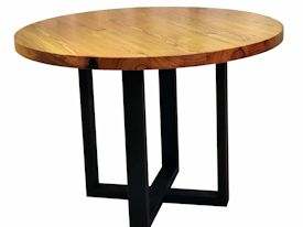 Custom bar table using a face grain reclaimed longleaf pine top and a custom flat black metal base. 