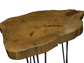 Custom Pecan Button Slab Table with Waterlox Satin Finish and metal base.