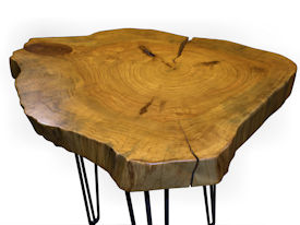 Custom Pecan Button Slab Table with Waterlox Satin Finish and metal base.