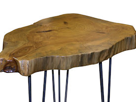 Custom Pecan Button Slab Table with Waterlox Satin Finish and metal base.