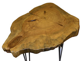 Custom Pecan Button Slab Table with Waterlox Satin Finish and metal base.