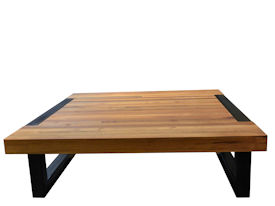 Custom edge grain teak coffee table with a flat black metal base. 