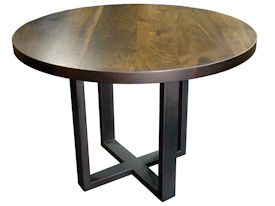 Custom bar table using a face grain walnut top and a custom flat black metal base. 