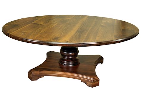 Custom round walnut table with turned pedestal-style base