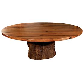 Custom face grain mesquite table top with pedestal-style base using a live oak stump.