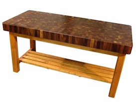 Custom walnut butcher block chopping table with cherry base.  this table uses mortise and tenon jointery and has a slat-style shelf.  The top is constructed using 1-3/4 inch square blocks and is 5 inches thick.  It has a softened edge and is finished with Tung Oil/Citrus Solvent.  Custom Crafted for Ramindesign LLC.