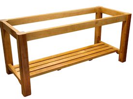 Custom walnut butcher block chopping table with cherry base.  this table uses mortise and tenon jointery and has a slat-style shelf.  The top is constructed using 1-3/4 inch square blocks and is 5 inches thick.  It has a softened edge and is finished with Tung Oil/Citrus Solvent.  Custom Crafted for Ramindesign LLC.