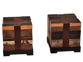 Custom Cube Tables.  Constructed using Reclaimed Longleaf Pine on a flat black metal base with leather straps.