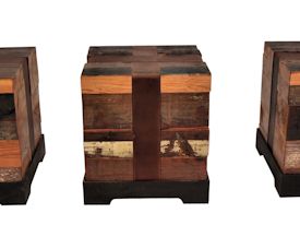 Custom Cube Tables.  Constructed using Reclaimed Longleaf Pine on a flat black metal base with leather straps.