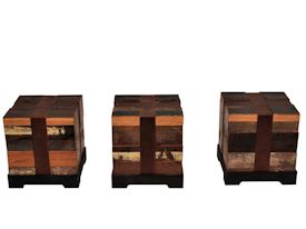 Custom Cube Tables.  Constructed using Reclaimed Longleaf Pine on a flat black metal base with leather straps.