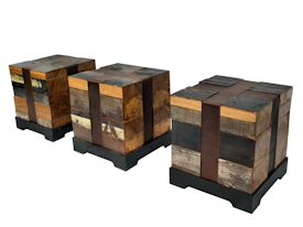 Custom Cube Tables.  Constructed using Reclaimed Longleaf Pine on a flat black metal base with leather straps.