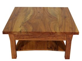 Custom Spalted Pecan square coffee table with custom designed carved aprons and shaped shelf.