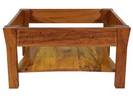 Custom Spalted Pecan square coffee table with custom designed carved aprons and shaped shelf.