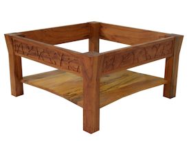 Custom Spalted Pecan square coffee table with custom designed carved aprons and shaped shelf.