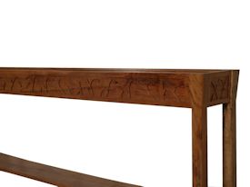 Custom Spalted Pecan sofa table with custom designed carved aprons and shaped shelf.
