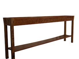 Custom Spalted Pecan sofa table with custom designed carved aprons and shaped shelf.