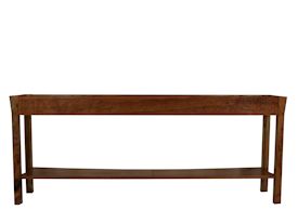 Custom Spalted Pecan sofa table with custom designed carved aprons and shaped shelf.