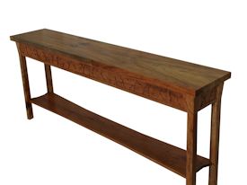 Custom Spalted Pecan sofa table with custom designed carved aprons and shaped shelf.