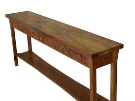 Custom Spalted Pecan sofa table with custom designed carved aprons and shaped shelf.