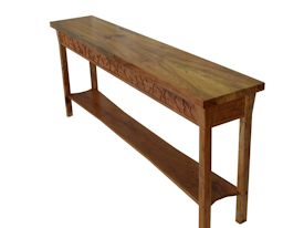Custom Spalted Pecan sofa table with custom designed carved aprons and shaped shelf.