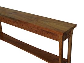 Custom Spalted Pecan sofa table with custom designed carved aprons and shaped shelf.