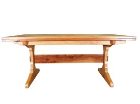 Custom trestle style dining table with self-storing leaves.  Made from spalted pecan with bread board ends and mortise and tenon jointery.