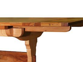 Custom trestle style dining table with self-storing leaves.  Made from spalted pecan with bread board ends and mortise and tenon jointery.
