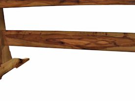 Custom spalted pecan trestle-style table with self storing leaves.  Face grain construction with bread board ends.
