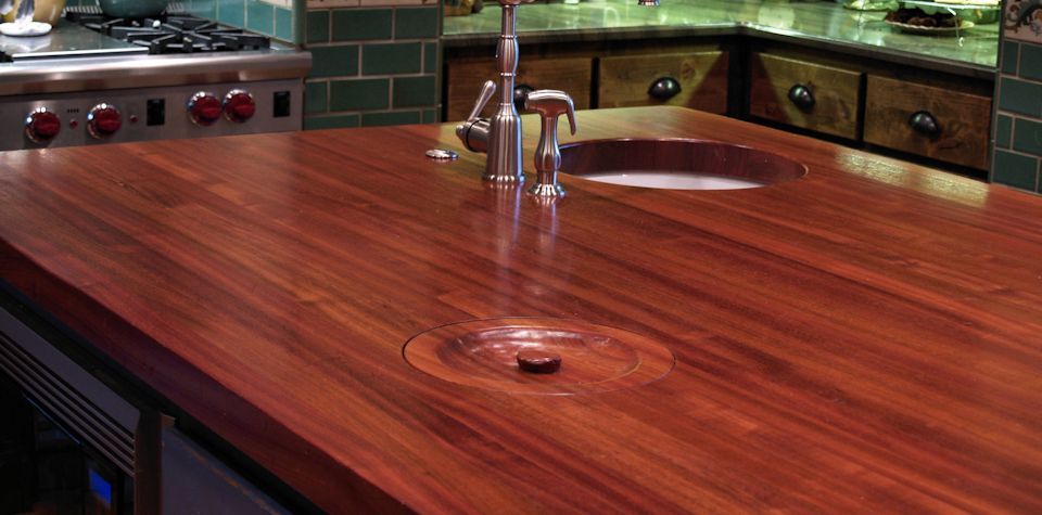 Jatoba Wood Island Countertop with Hand Carved Trash Lid